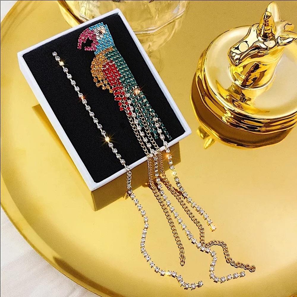Parrot Asymmetric Crystal Tassel Earrings